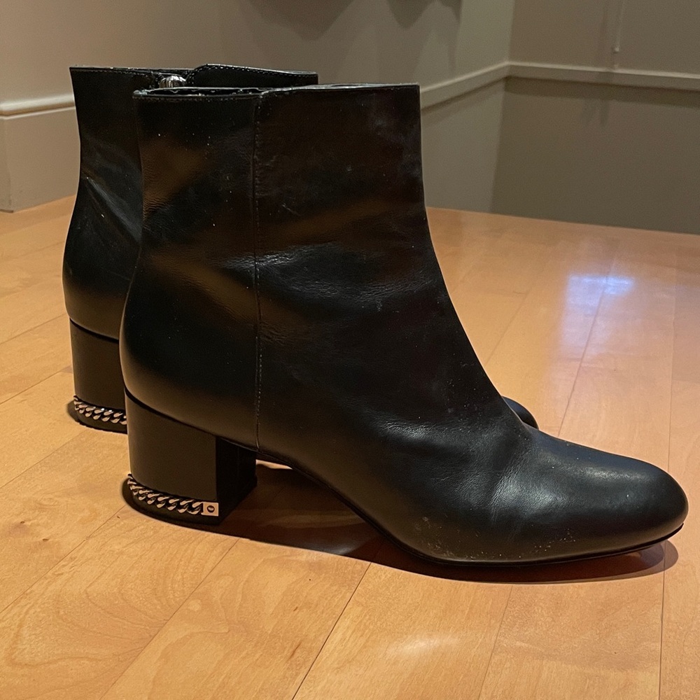 Michael Kors Black Leather Ankle Boots with Gold Chain Accent